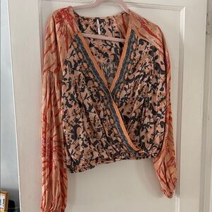 Free People Floral Wrap Blouse - Orange and Black
